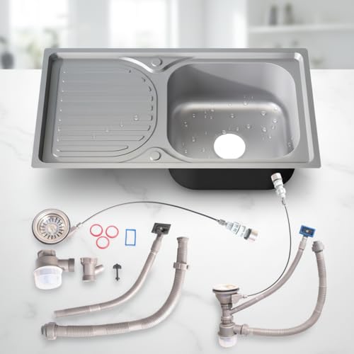 Mucola Edelstahl Einbauspüle 76 x 42 cm – Küchenspüle mit Abtropffläche links, Spülbecken rechts36,5 x 33,5 cm, Excenterbedienung, satinierte Leinenstruktur inkl. Ablaufgarnitur & Siphon, rostfrei