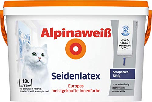 Alpinaweiß Seidenlatex in weißer Seidenglanz-Optik – strapazierfähige und atmungsaktive Wandfarbe – ergiebig, gut deckend & reinigungsfähig – 5 Liter