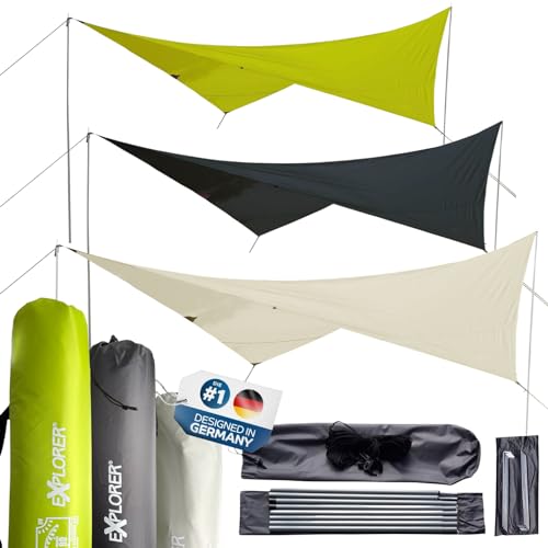 EXPLORER® Sonnensegel 3x4m rechteckig wasserabweisend mit Stangen, Leinen und Heringen Sonnenschutz UPF80+ UV Schutz nach Standard 801 in beige für Balkon Garten Terrasse