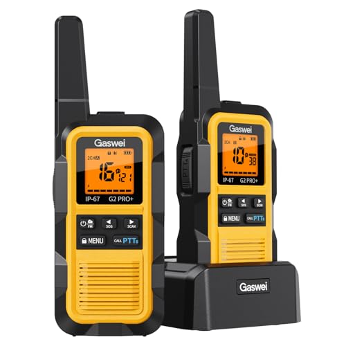 Gaswei G2Pro Professionelle Walkie-Talkies für Erwachsene [IP67 wasserdicht & schwimmfähig] Langstrecken-Funkgerät mit Doppel-PTT, SOS-Wetteralarm,FM-Radio + Akku für Outdoor, (2er-Set in Gelb)