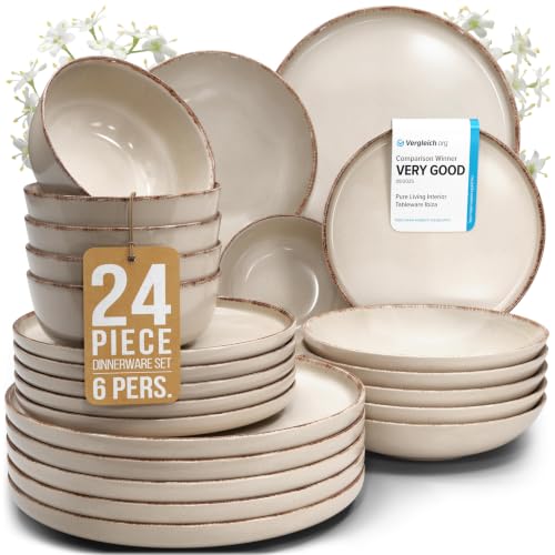 Steingut Geschirrset 6 Personen Rustic 24 tlg. TESTSIEGER, Hochwertiges Landhaussttil Steingut Geschirr Set, Schüssel- und Teller Set, Tafelservice 6 Personen, Geschirrsets Pure Living in Beige
