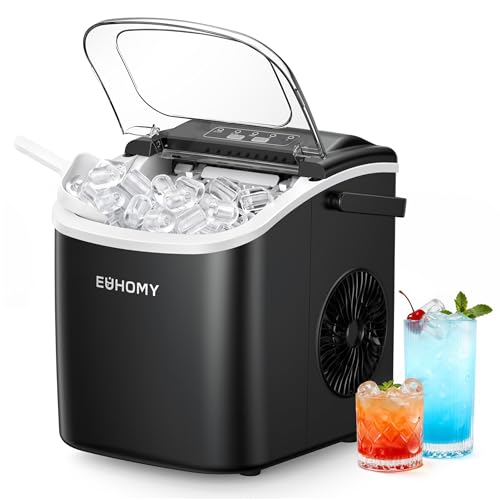 EUHOMY Eiswürfelmaschine Klein, 12KG Eiswürfelbereiter Ice Maker, 9 Würfel in 6 Minuten fertig, Schwarz Eiswürfelmaschine mit Tragbarem Griff, 12KG/24H, Selbstreinigendes Eiswürfelmaschinen