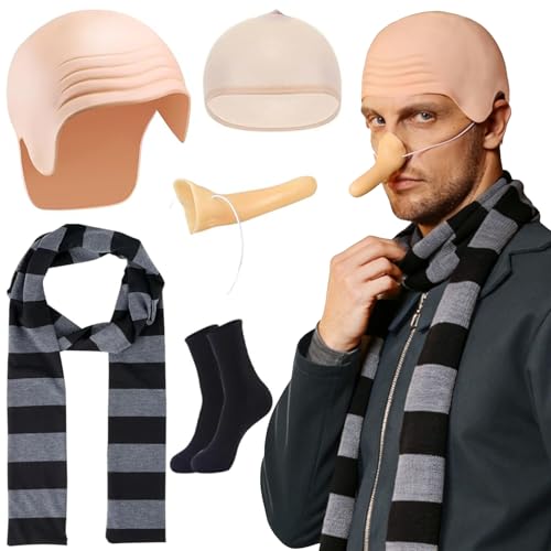 PeakPeek Fasching Kostüm Herren, 4-teiliges Karneval Schurken Verkleidungsset mit Glatzenkappe Haarnetz, gestreiftem Schal, langer Nase & schwarzen Strümpfen, Karneval & Mottopartys Kostümaccessoires