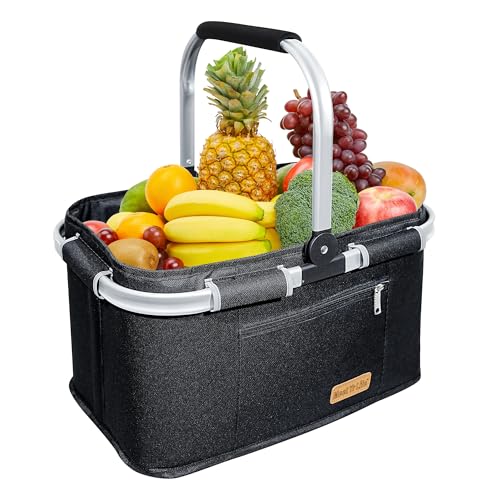 ABIUBIU 35L Einkaufskorb Großer Picknickkorb mit gepolsterten Griffen Praktischer Faltbarer Korb Einkaufstasche mit Aluminiumrahmen Stabiler Korb Reisen/Picknick/Einkaufen