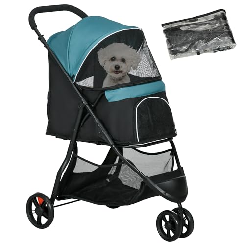 PawHut Hundewagen 2 in 1 Hundebuggy klappbar für Hunde & Katzen bis 10 kg Katzenbuggy mit Kissen Netzfenstern Türen Aufbewahrungskorb Katzenwagen Buggy Dunkelgrün
