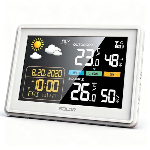 Konsen Wetterstation funk mit Außensensor DCF Funkuhr, Farbdisplay mit großen Zahlen von Innen und Außentemperatur, dauerhafte Beleuchtung, Wettervorhersage, Luftdurckanzeige
