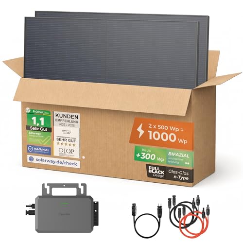 Solarway® Balkonkraftwerk 800W mit 1000Wp Solarmodulen – Komplettset mit Hoymiles HiFlow 800 Wechselrichter – 2× 500W bifaziale Black Solarpanels – Mini PV Anlage für Steckdose inkl. Zubehör
