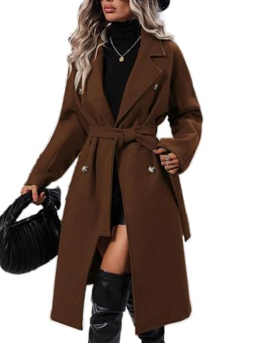 Lawawa Wollmantel Damen Lang Wintermantel Elegante Damenmantel Casual Mantel Revers Zweireihiger Vintage Einfarbig Outwear Herbst Winter Jacke