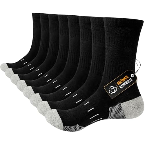 Niorasen Socken Herren, Baumwolle Herrensocken mit verstärkter Ferse und Zehe, Sportsocken mit Nahtlose Zehen, Crew Wandersocken, Arbeitssocken, Tennissocken, Laufsocken, 4 Paar, Schwarz, 43-46