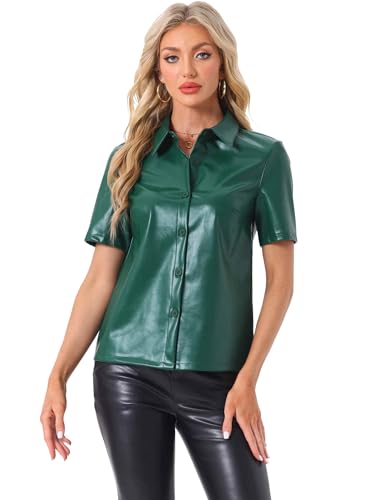 Allegra K Damen Tuniken PU Leder Button Down Hemd Kurzarm Bluse Jacke Party Club Top Dunkel Grün L