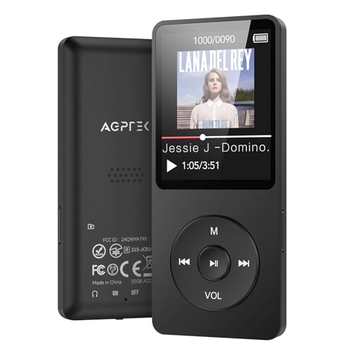 AGPTEK MP3 Player 32GB mit Lautsprecher, 70 Stunden Akkulaufzeit Kleiner und klassischer Sport MP3 mit 1,8 Zoll Bildschirm, FM-Radio, Aufnahme (Ohne Bluetooth), TF-Karte bis zu 128GB, Schwarz