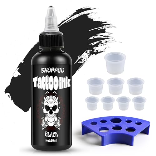 SHOPPGO Dynamic Tattoo Ink, Tattoo Farbe Black, mit 90ml Tattoo Ink, 8 Stück Tattoo-Tintenbecher, 1 Stück Tattoo-Tintenständer