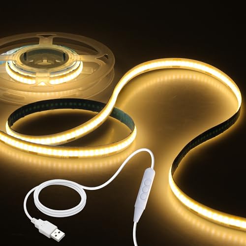 Aclorol USB 5V COB LED Strip 1M warmweiß 3000K Dimmbar TV LED Hintergrundbeleuchtung Flexible LED Band mit Selbstklebend für Displays unter Küchenschränken Treppe Schlafzimmer 320 LEDs/M CRI 85+