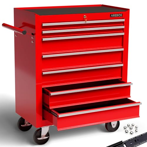Arebos Werkstattwagen 7 Schubfächer | Werkzeugwagen zentral abschließbar inkl. 2 Schlüssel & Antirutschmatten | kugelgelagerte Schubladen | 2 Rollen mit Feststellbremse | Rot
