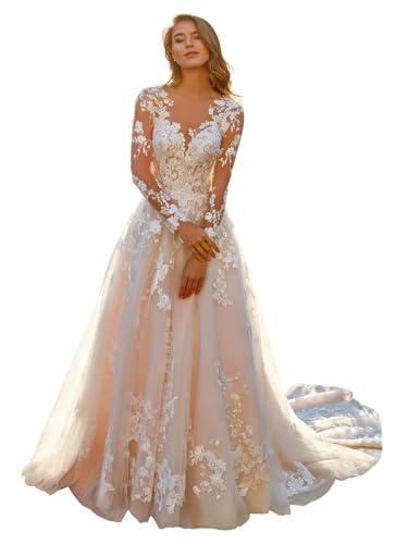 IUYRESX Brautkleider Grosse Grössen,Damen Spitzenapplikationen Blumen Tüll Brautkleider Standesamt A-Linie Boho Strand Prinzessin Hochzeitskleid Mit Schleppe Elfenbein 42
