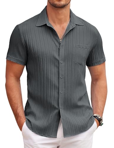 COOFANDY Herren Kurzarm Hemd Casual Sommer Freizeithemd Button Down Strand Hemden Regular Fit mit Brusttasche Dunkelgrau L