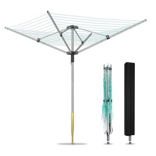 DFENG Wäschespinne Draußen Wäscheständer Wäscheschirm für Garten mit Metall Bodenhülse, Schutzhülle und 50M Grün Wäscheleine, 4-armig extra groß Wäschespinnen Outdoor