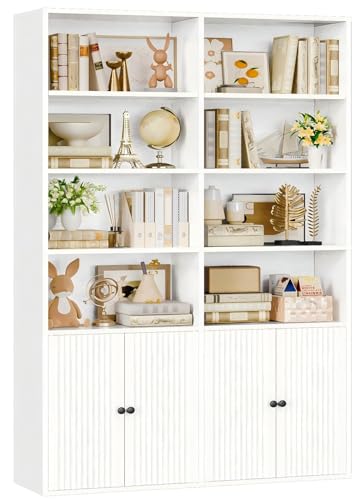 IRONCK Bücherregal mit Türen, Regal Holz mit 6 Ebenen 12 Fächern, Bücherschrank Hochschrank Vitrinenschrank, Einstellbare Regalböden, Standregal für Wohnzimmer Büro Schlafzimmer 108×30×180cm (Weiß)