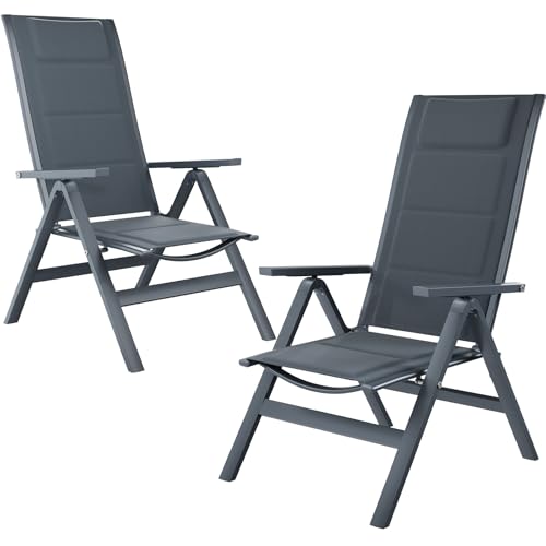 JUMMICO 2er Set Aluminium Gartenstuhl Hochlehner 5-Fach Verstellbarer Rückenlehne,Gartenstühle Atmungsaktiv Wetterfest Klappbar Anti-Rutsch für Terrasse und Garten Belastbar 150 KG Grau
