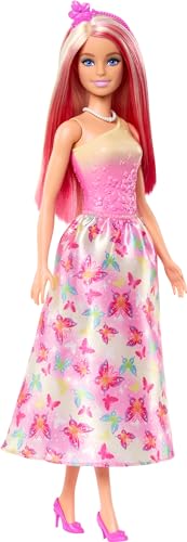 Barbie Royal-Puppe mit fantasievollen Haaren in Blond und Pink, bunten Accessoires, Oberteil in Pink mit Farbverlauf und Rock mit Schmetterlingsmuster, HRR08