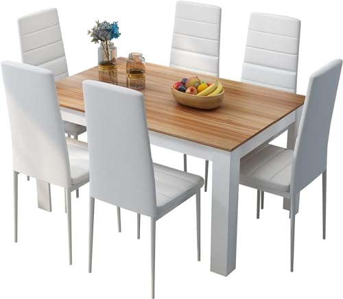 Mondeer Esstisch mit 6 Stühlen Set, Essgruppe mit Hochlehner Kunstleder Stuhl für Küche Esszimmer Wohnzimmer, W138 x D90 x H75 cm, Weiß und Eiche