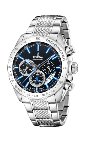 Festina Herren Uhr Analog aus Edelstahl 316L Silber - Quarzwerk - Chronograph - Kalender - Widerstandsfähiges Mineralglas - Wasserdicht bis 10 ATM F20668/6 Timeless Chronograph