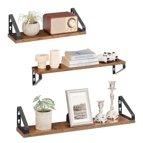 VASAGLE Wandregal, Schweberegal, 3er Set, Regalbrett, 2 Montagemöglichkeiten, 40/50/60 cm, für Wohnzimmer, Küche, Arbeitszimmer, Badezimmer, vintagebraun-Mattschwarz LWS043K01