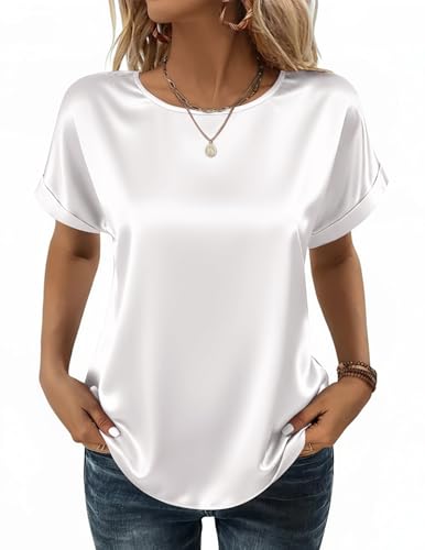 Zeagoo Damen Satin Bluse Casual Rundhals Shirt Kurzarm Tops Locker T-Shirts Sommer Tunika Oberteile Elegant Seidenblusen Basic Longbluse Weiß S