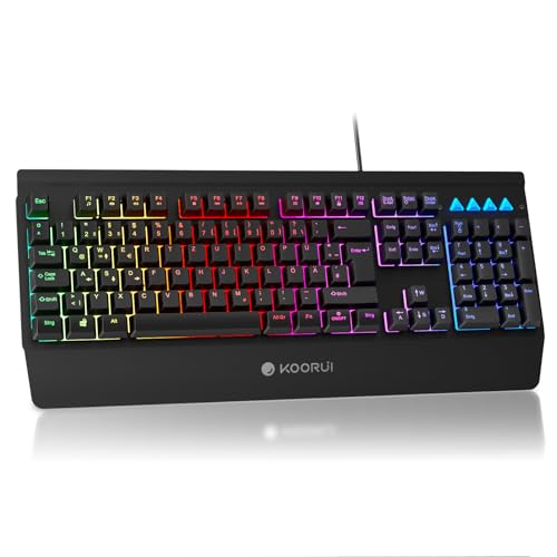 KOORUI Gaming Tastatur, Deutsches QWERTZ-Layout mit Handballenauflage Ghosting Schutz Tastaturen USB Kabel 12 Multi Media Tasten für Windows MacOS Linux -Schwarz