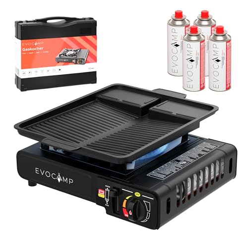 Gaskocher 1-flammig mit Piezozündung, Campingkocher für Gaskartuschen MSF-1a 227 g, Camping Herd mit Tragekoffer - Ideal für Outdoor mit 4 Gaskartuschen + Grillplatte 36 cm