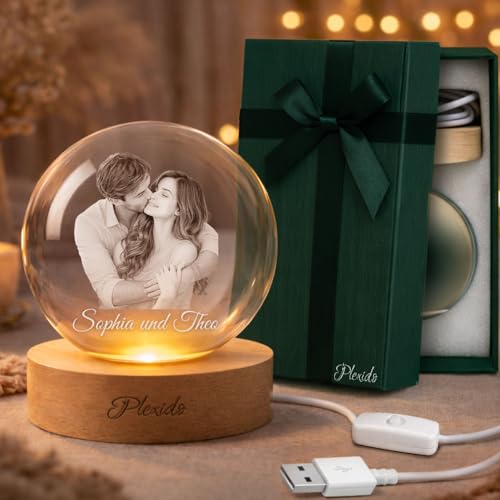 Personalisierte Geschenk für Sie oder Ihn – 6 cm oder 8 cm LED Nachtlicht Kristallkugel mit einem Foto im Kristallkugel Glaskugel Lampe aus K9 mit Holzsockel & Warmem Licht – Romantisches Geschenkidee