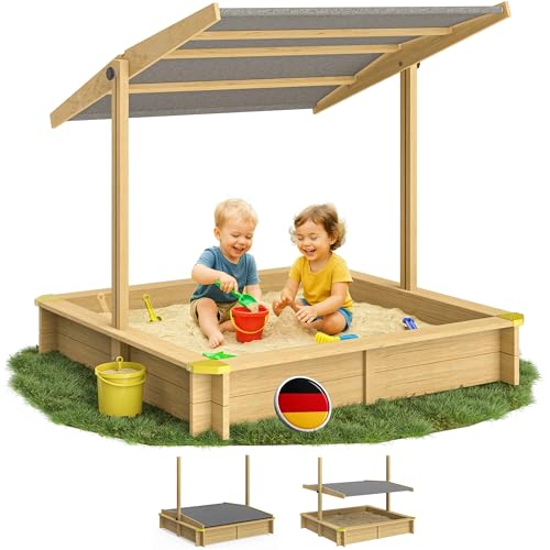 Spielwerk® Sandkasten Fritzi Sonnendach 140x140x120cm Naturholz Fichtenholz UV-Schutz Sandbox UV50+ Kantenschutz Bodenvlies Sandspielzeug Kinder