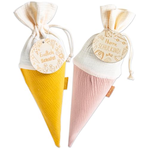 Papierdrachen 2 Schultüten Musselin Einschulung, Gelb-Rosa