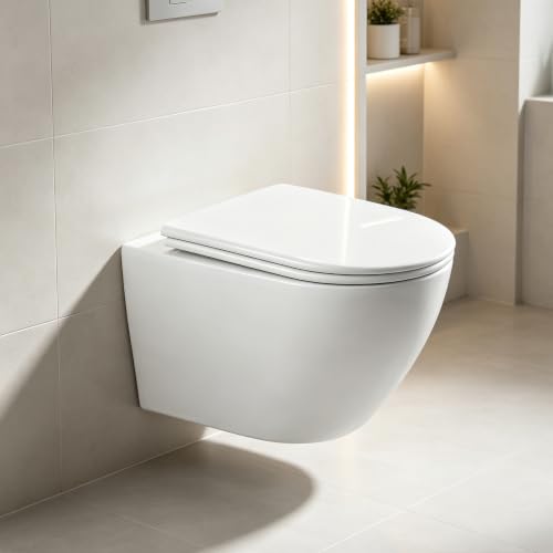 Spülrandlose Toilette mit Toilettendeckel,Hänge-WC aus Keramik, Moderne Toilette WC Set,Toilettendeckel D Form (Weiß)