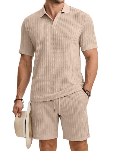 JMIERR Herren Jogginganzug Set Sommer 2 Teiliges Poloshirts Kurzarm Einfarbig Strick mit Kurze Hose Herren mit Elastischer Taille Baggy Freizeitanzug Grau L