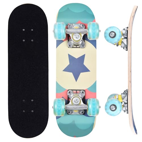 ERNAN Skateboard 17x5 Zoll Komplette für Kinder Jugendliche, komplettes Standard-Skateboards, 7 Schichten Ahorn-Deck, konkaves Skateboard (Star)