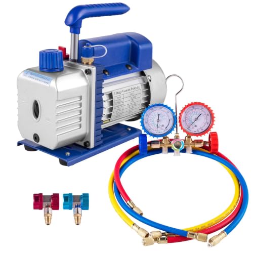 3 CFM Vakuumpumpe, 1/4 HP, einstufige Drehschieberpumpe, HVAC und Klimaanlagen-Kältemittel-Evakuierungsset mit Ölschauglas, Manometer-Set und 3 Schläuchen für die Kfz-Wartung