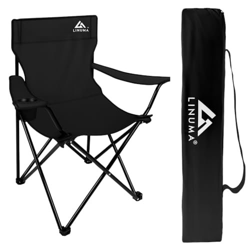 LINUMA® Faltstuhl SCHWARZ Campingstuhl Anglerstuhl mit Getränkehalter & Tragetasche - Anglersessel klappbar - Klappstuhl Gartenstuhl Faltstuhl Relaxsessel Angelsessel faltbar (1, Schwarz)
