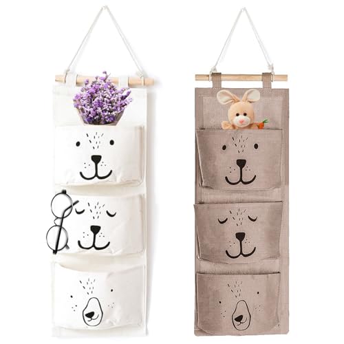 2pcs hängend Wandregal tasche mit 3 Taschen, Hängender Organizer für Kinder, Faltbare Hängetasche (weiß/grau)