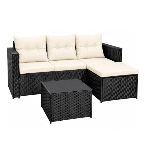 ARATERVIO Polyrattan Gartenmöbel-Set Lounge für 3–4 Personen – Ecksofa Sitzgruppe mit Tisch & Hocker, wetterfeste Gartenmöbel-Sets für Balkon, Terrasse & Garten (Schwarz)
