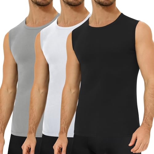 Falechay 3er Pack Unterhemd Herren 100% Gekämmte Baumwolle Tank Top Herren Ärmelloses Unterhemden Schwarz-Weiß-Grau L