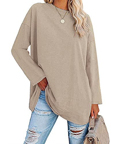 Ebifin Oversize Langarmshirt Damen Longshirt Rundhalsausschnitt Oberteil Langarm T Shirts Pullover Basic Tunika Tee Tops.Khaki.XXL