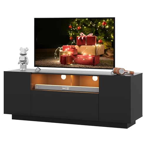 WLIVE TV Schrank Schwarz, Lowboard Hochglanz mit 20 Farben LED-Beleuchtung, TV Board mit Schränken und 2 Freiflächen, Fernsehtisch mit Klapptür, 122 x 36 x 45 cm, Schwarz