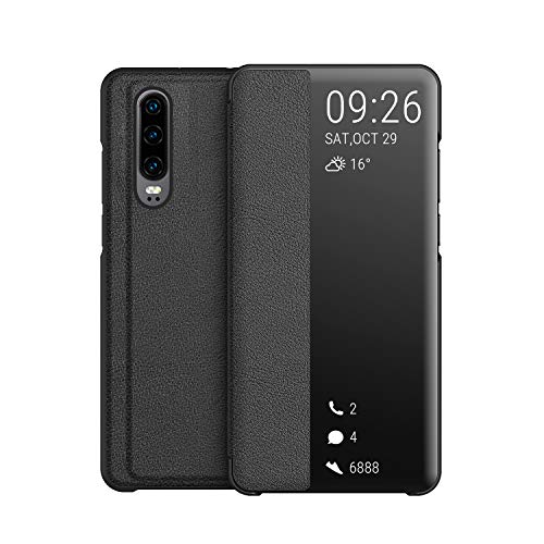 KANSi kompatibel mit Huawei P30 Hülle, Smart View Flip Hülle + Panzerglas - Schwarz