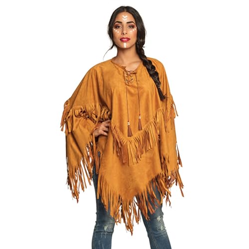 Boland 44095 - Poncho Indianerin, braun, Einheitsgröße für Erwachsene, Umhang in Lederoptik mit Fransen und Perlen, Häuptling, Cowboy, Squaw, Karneval, Fasching, Fastnacht, Halloween, Mottoparty