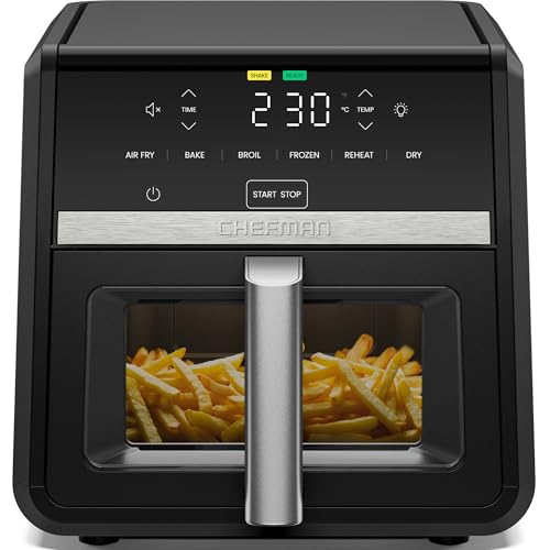 Chefman Heißluftfritteuse TurboFry, 8,5 l, 6-in-1-Hochleistungsgerät, 230 °C, XL-Korb mit Sichtfenster, Heißluftfrittieren, Backen, Grillen, Aufwärmen, Hydrieren, Auftauen, Schwarz