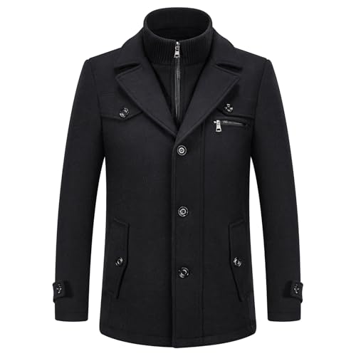 KUDORO Herren Wintermantel Wolle Kurzmantel Herren Wollmantel Mittellang Peacoat Herren Casual Slim Fit für Business Freizeit(Schwarz2,L)