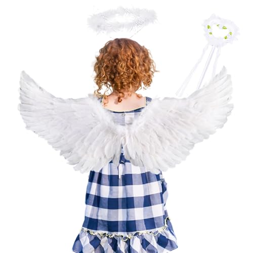 Engel Kostüm Kinder,Engelsflügel Weiß, Engel Kostüm Damen mit Heiligenschein und Zauberstab, 60CM Engels Flügel Kostüm für Cosplay Party Halloween Karneval Fasching Kostüme Kinder Erwachsene