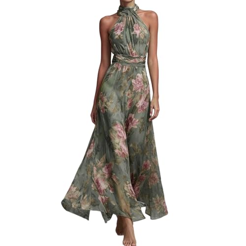 Abendkleid Damen Schulterfrei Cocktailkleid A-Linie Blumen Muster Neckholder Blumenkleid Abschlusskleid Elegant Für Hochzeit Maxikleid Festliche Abiballkleider Brautkleid (Green-A, S)