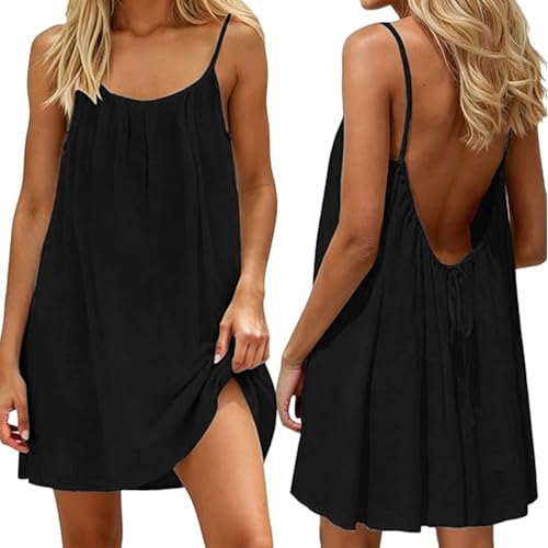 makabaky Sommerkleid Damen Midi Rückenfrei Leinen Strand Spaghettiträger